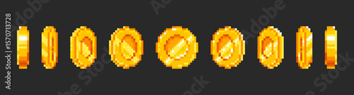 Rotating pixel gold coin animation frames - 8 bit spinning currency sprite sheet with different angles. Shiny metallic retro arcade game money for bonus rewards items in platformer adventures.