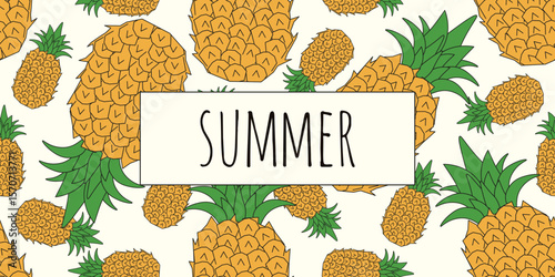Summer banner. Vector illustration of pineapple seamless pattern with Summer Frame. Perfect web banner textile fabric wallpaper decor print. Fruit background template design. EPS 10