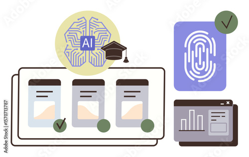 Neural network with AI brain, graduation cap, biometric fingerprint, report cards, and analytics chart. Ideal for education, AI, biometrics, cybersecurity data analysis academic tools simple flat