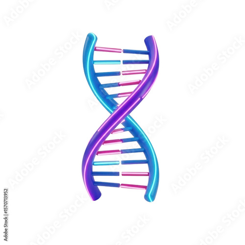 3d icon of a vibrant 3d rendering of a dna double helix, glowing with neon blue and pink light, against a transparent background