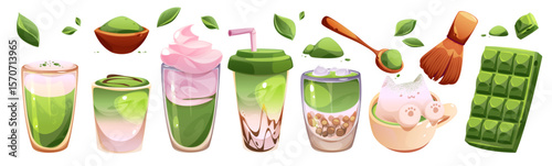 Matcha drinks and desserts collection - green tea latte, boba tea with tapioca pearls, powder bowl, chocolate bar. Japanese cafe menu items for Asian cuisine and shops apps or beverage illustrations.