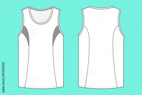 Men's Sleeveless Active Sports Tank Top flat sketch outline CAD mockup template front and back views.