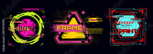 Cyberpunk glitch frame collection with neon colors - circular badge, triangular border design, hexagonal print element. Digital interface graphics for futuristic ui, tech overlays and gaming assets.