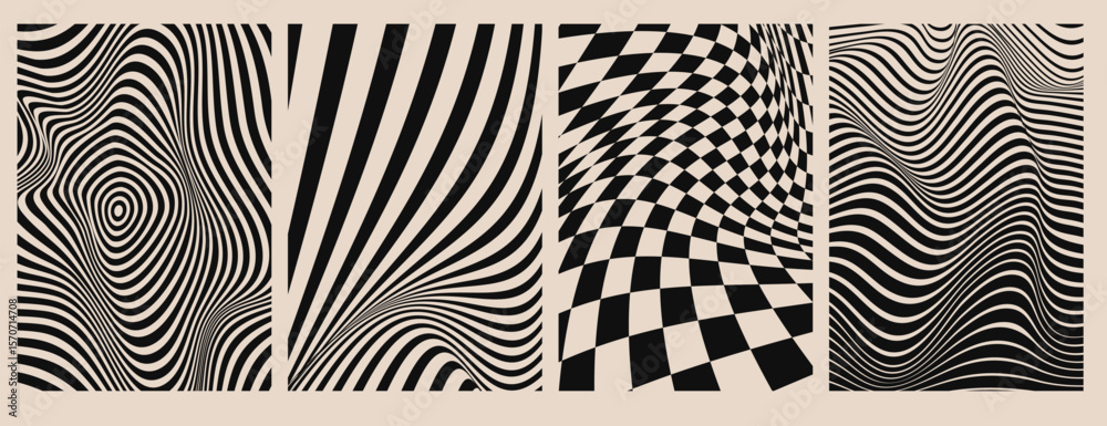 Fototapeta premium Abstract wave patterns with optical illusions - black psychedelic stripes with hypnotic distortion effects, checkered tunnel perspective for retro poster designs, trippy bg or graphics elements.