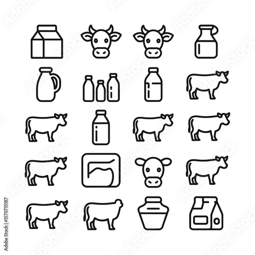 Collection of twenty monochrome line art icons depicting cows milk bottles jugs and cartons a comprehensive set of dairy related symbols ideal for websites apps and packaging design