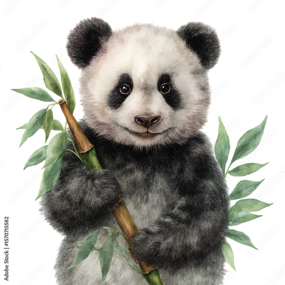 Fototapeta premium Adorable watercolor baby panda holding a bamboo stalk isolated on transparent background