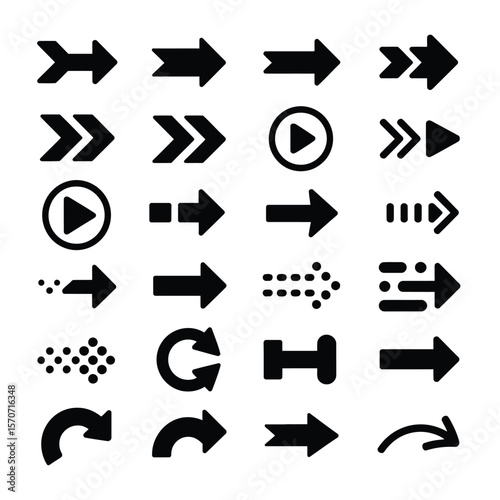 Collection of twentyfive black arrow icons various styles directions shapes including curved arrows double arrows play buttons dotted arrows simple arrows
