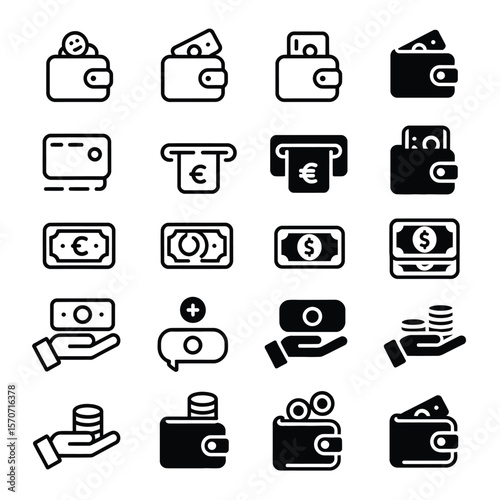 Collection of twentyfour black and white vector icons depicting various financial transactions including wallets filled with cash credit cards A T M machines money bills coins and hands
