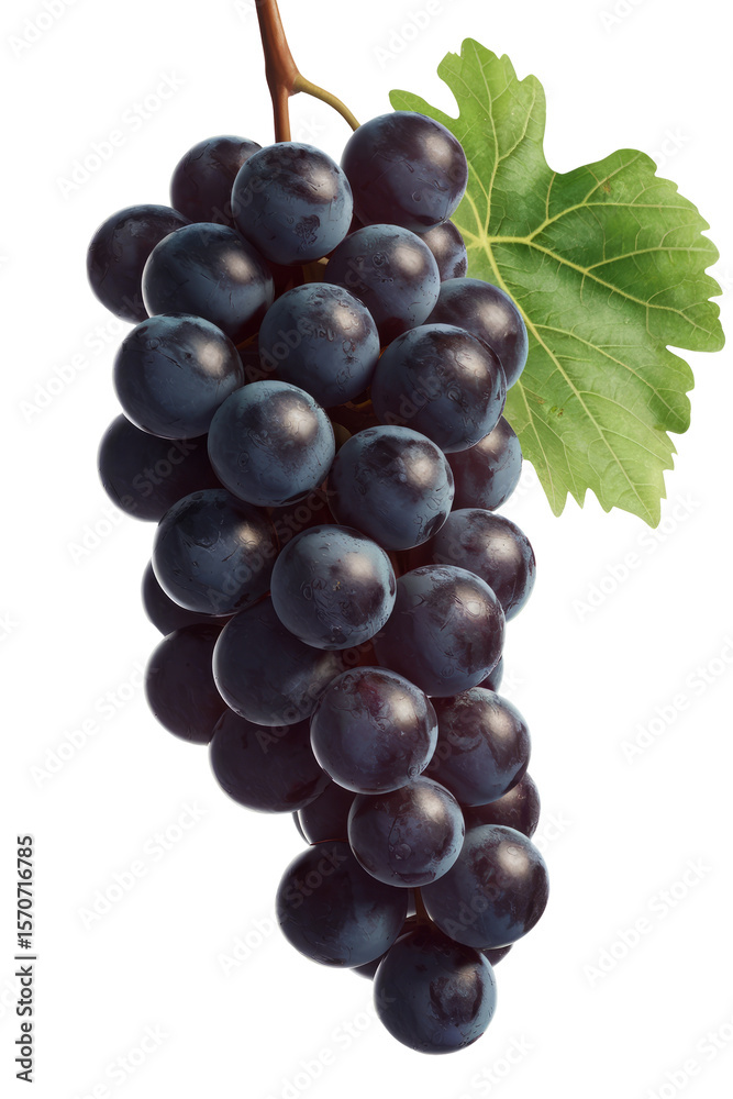 Fototapeta premium ripe black grapes with green leaf on white background.