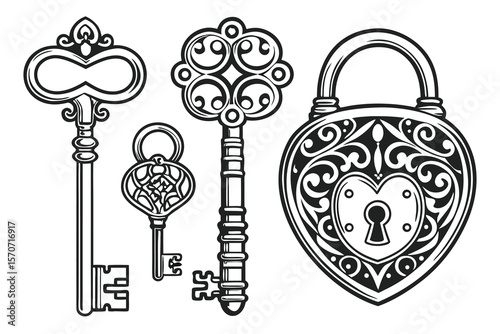  antique, vintage, intricate, ornate, detailed, black and white, vector illustration, keys, locks, padlocks, design elements, ornamental patterns, metal textures