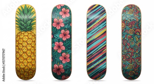 Colorful skateboard decks with tropical designs