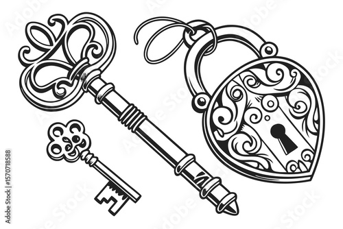  antique, vintage, intricate, ornate, detailed, black and white, vector illustration, keys, locks, padlocks, design elements, ornamental patterns, metal textures