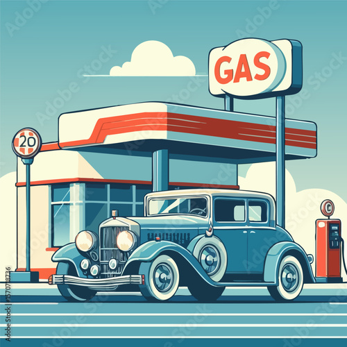Car gas station in retro style. Classic car with gas station. Vector illustration, EPS 10 version.