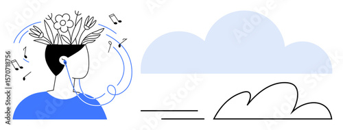 Person with flowers and music notes emerging from their head, wearing headphones next to abstract clouds. Ideal for mindfulness, creativity, focus, mental health, relaxation, imagination, meditation