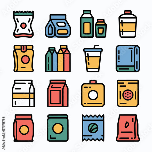 Colorful Collection of Food and Beverage Packaging Icons Diverse Shapes and Sizes Including Pouches Boxes Cartons and Bottles in Various Colors Representing Different Products and Brands