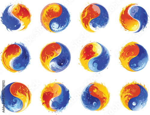Collection of stylized yin yang symbols representing fire and water elements