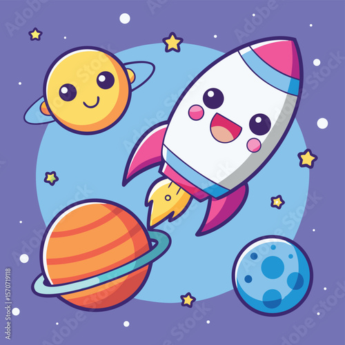 Adorable Rocket Adventure A Smiling Moon, Planets, and Kawaii Space Exploration