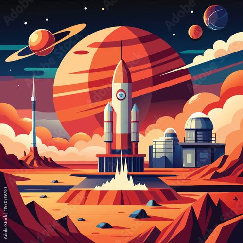 Mars Colony A Rocket Launching from a Futuristic Martian Settlement