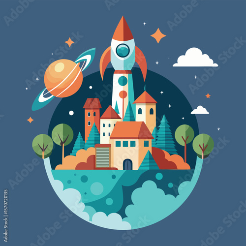 Tiny Planet Adventure A Rocket Launching from a Miniature World