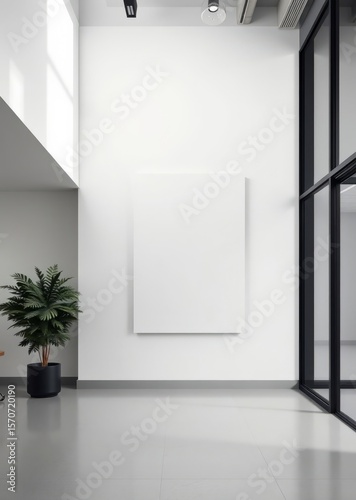 White wall with a blank poster mockup in a modern office interior a black glass meeting room door on the right side minimalism concept 3d rendering Empty room interior design Ultra realistic Pho