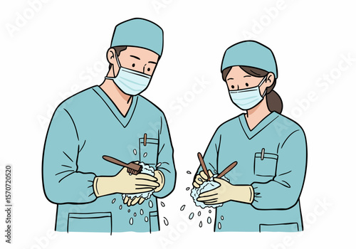 Cartoon illustration of surgeons meticulously washing hands before performing surgery to maintain hygiene and prevent infection