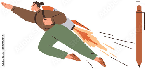 Person with jetpack flying forward energetically, next to large pen suggesting creativity and success. Ideal for career growth, innovation, education, motivation, personal development, goal setting