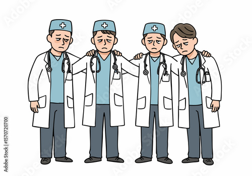 Four sad cartoon doctors supporting each other, showing stress and burnout in the medical field