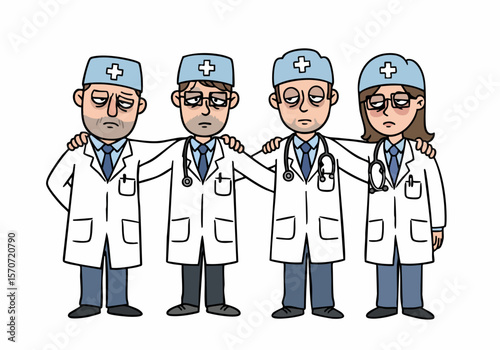 Tired and Overworked Doctor Team with Arms Around Shoulders Showing Solidarity and Exhaustion from Healthcare Challenges