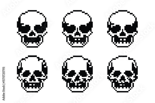  16-bit Skull Pixel Art Set. Monochrome Anatomy Illustrations with Dithering. Vintage Horror Style Symbols