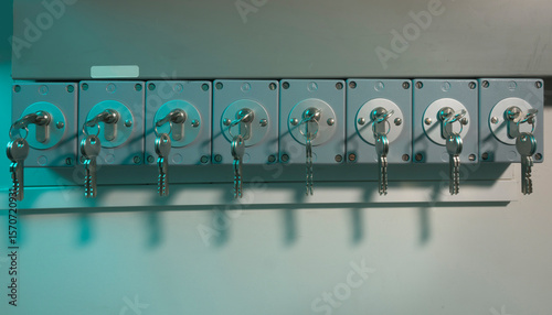 Row of keys in a server room for security and access control