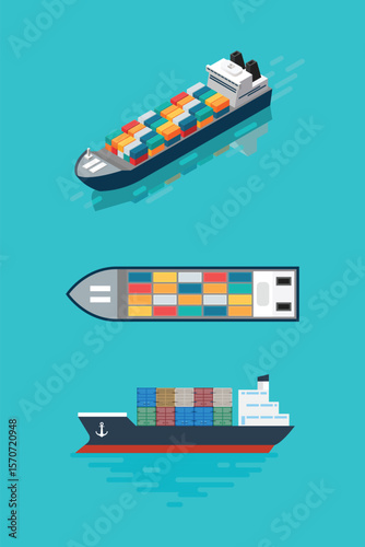 Container ship in plan side and isometric view