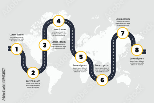 Roadmap infographic with steps process infographic world map background