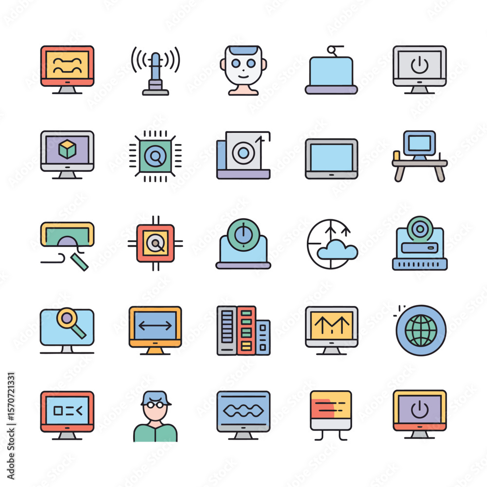 Colorful Collection of Thirty Computer and Technology Icons Featuring Monitors Laptops Tablets Servers and Network Symbols in Flat Style Design Colorful Collection of Thirty Computer and Technology Icons Featuring Monitors Laptops Tablets Servers and Network Symbols in Flat Style Design