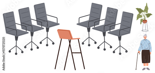 Office chairs and high stool in symmetry contrast with an elderly woman using a walking cane and a potted plant. Ideal for aging, workspace, inclusion, diversity, accessibility, ergonomics, balance