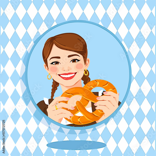 From the series "oktoberfest", girl with Bavarian dirndl  and pretzel on the background of traditional bavarian pattern with blue and white rhombus