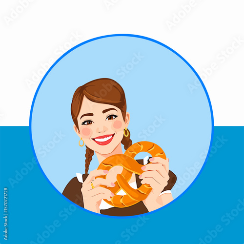 From the series "oktoberfest", girl with Bavarian dirndl  and pretzel on the background of traditional bavarian pattern with blue and white strips