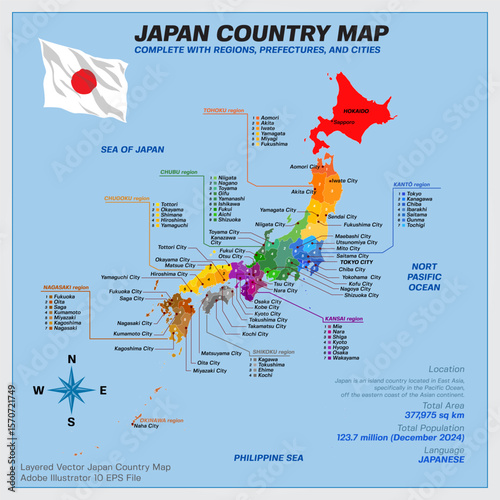 Japan Map Vector Illustration. Vector map of Japan drawn with high detail and accuracy. Japan is divided into regions which are colored with different bright colors.