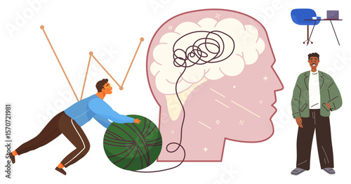 Man pushes giant yarn ball toward brain profile to symbolize untangling thoughts, creativity, or problem solving. Ideal for focus, mental health, productivity, self-improvement, psychology