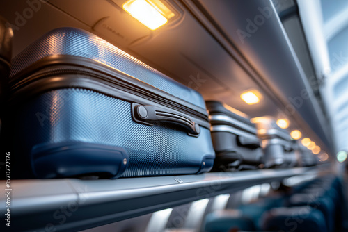 suitcases on the luggage rack inside the plane