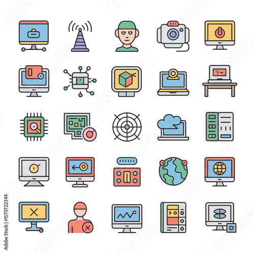 Colorful Collection of Thirty Computer Technology Icons Featuring Desktops Laptops Servers and Networking Symbols in a Flat Design Style