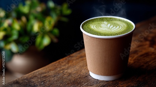 Close up of a frothy green matcha latte served in a takeaway paper cup on wooden table with cozy natural light
