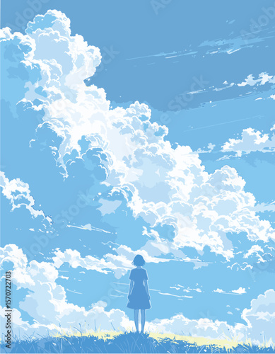 夏らしいもくもく入道雲+女性1人-03