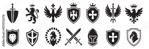 Collection of medieval heraldic shields with crowns eagles lions and swords vector design elements set on transparent background
