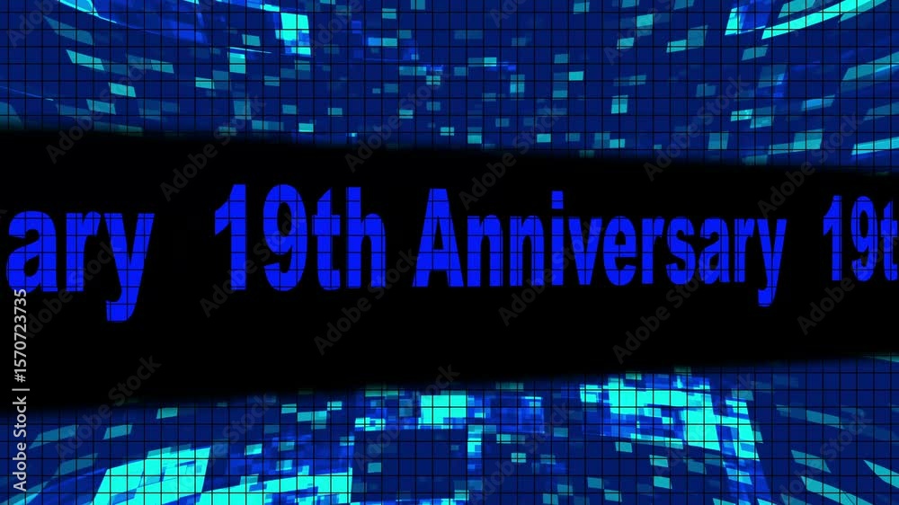 19th Anniversary Front Text Scrolling on Light Blue Digital LED Display Board Pixel Light Screen Looped Animation 4K Background. Sign Board , Blinking Light, Alpha Channel.