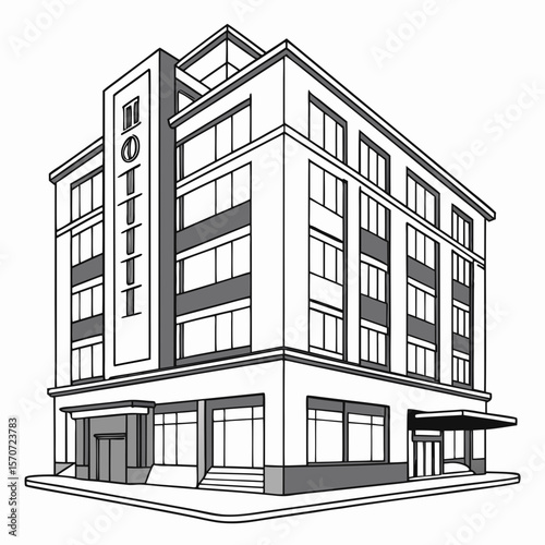 Art deco hotel building with windows and signage architecture