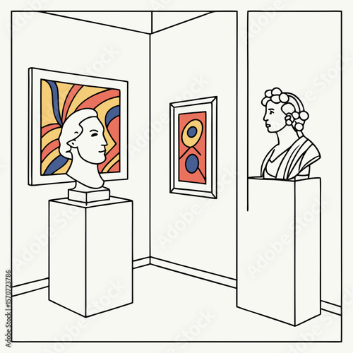 Art gallery exhibition with sculptures and paintings art exhibition bust