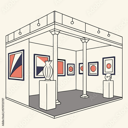 Art gallery interior with paintings and sculptures art exhibition