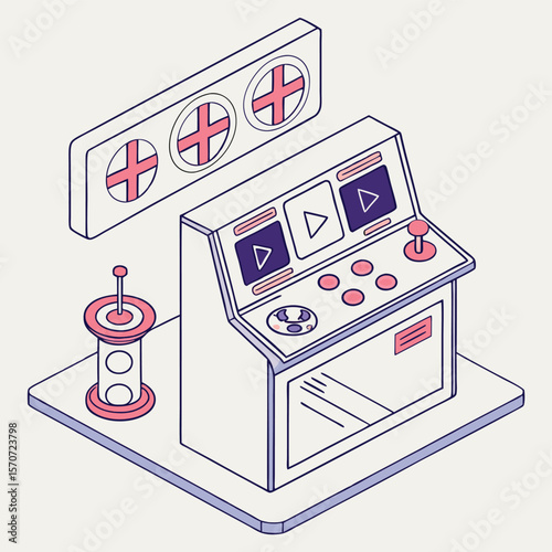 Isometric view of an arcade game machine with a joystick and buttons and a control tower nearby