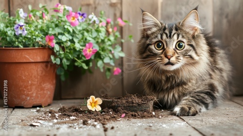 32.A fluffy tabby cat with curious wide eyes sitting next to a shattered flower pot, soil scattered across a wooden floor, and a vibrant primrose plant lying uprooted amidst the mess.