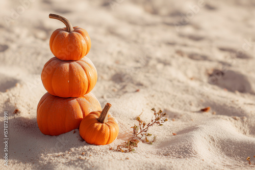 pumpkins one on one on a sandy beach symbol of halloween in hot cities